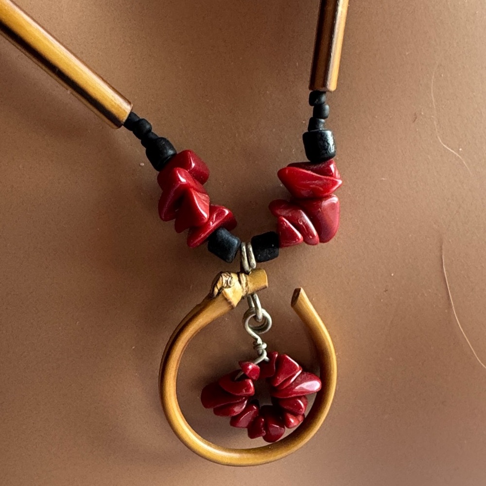Handcrafted Red Flower Pendant Necklace and Earrings Set - Picture 4 of 4